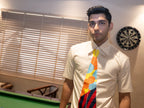 A man wearing a cream-colored short-sleeve dress shirt and a vibrant, multicolored geometric patterned tie.

Giza cotton, summers, colour, abstract, embroidery